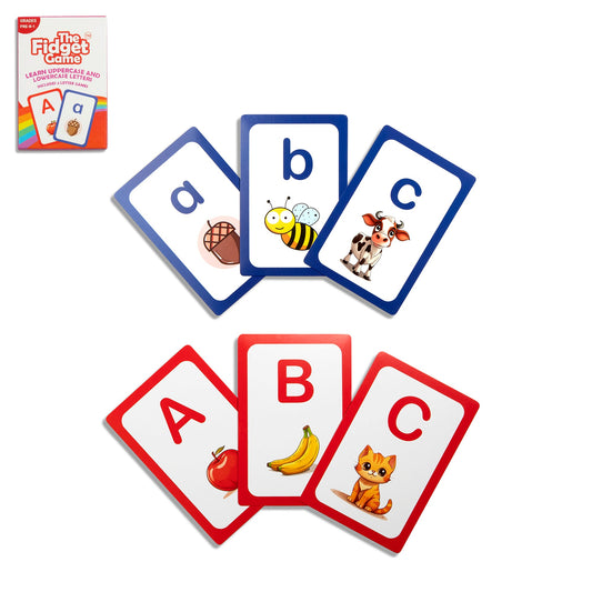 An ABC Uppercase & Lowercase Letters Card Pack box with six example cards displaying uppercase and lowercase A, B, and C, each paired with an illustrative object for letter recognition.