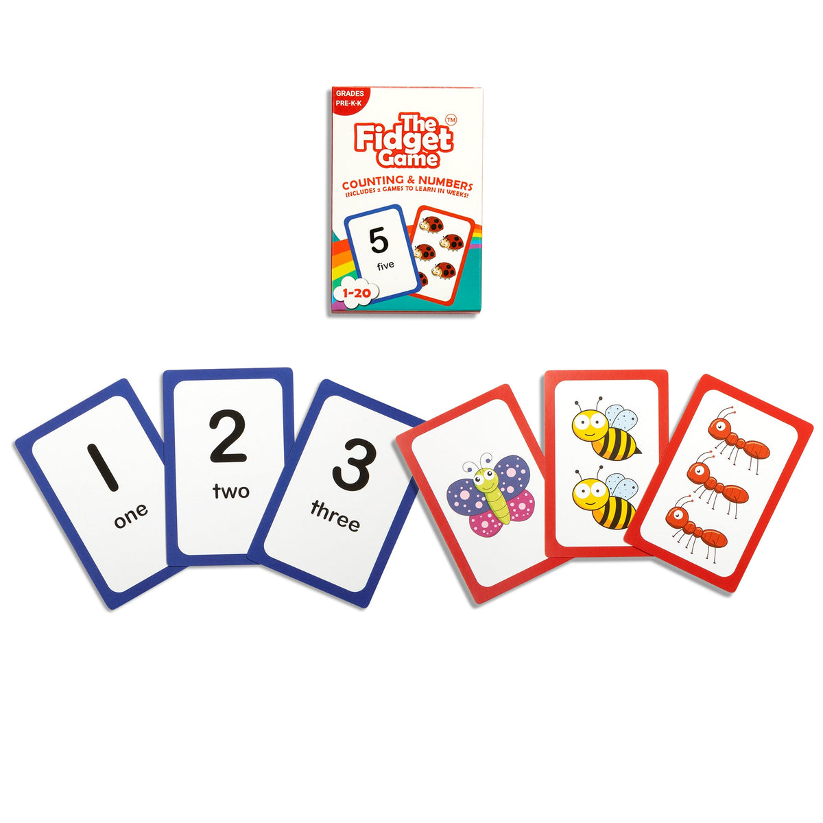 Counting & Numbers Card Pack – CHOOSE Act Edition deck featuring six sample cards displaying numbers one through three alongside illustrations of a butterfly, two bees, and three ants for number recognition.