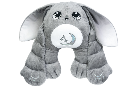 Gamma the Moon Pal – 5 lb Weighted Plush: a grey jumbo bunny with long ears and a white belly patch featuring an embroidered moon and stars, serving as a calming hug pillow.