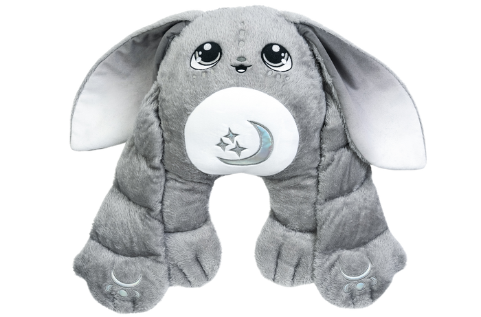 Gamma the Moon Pal – 5 lb Weighted Plush: a grey jumbo bunny with long ears and a white belly patch featuring an embroidered moon and stars, serving as a calming hug pillow.