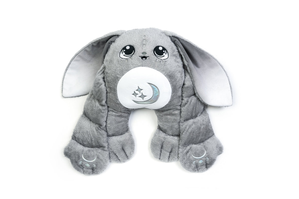 Gamma the Moon Pal – 5 lb Weighted Plush is a jumbo grey rabbit with long ears and a white belly patch featuring a moon and star graphic, designed as a calming hug pillow.