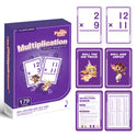 A Multiplication Card Pack box next to four individual cards showing math problems, instructions, and a times table for this learning game.