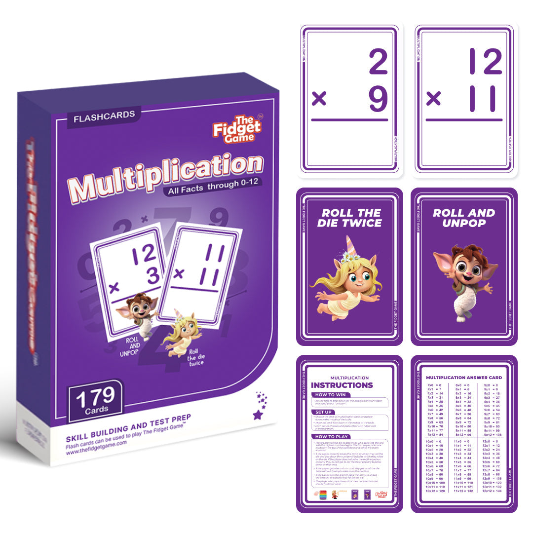 A Multiplication Card Pack box next to four individual cards showing math problems, instructions, and a times table for this learning game.