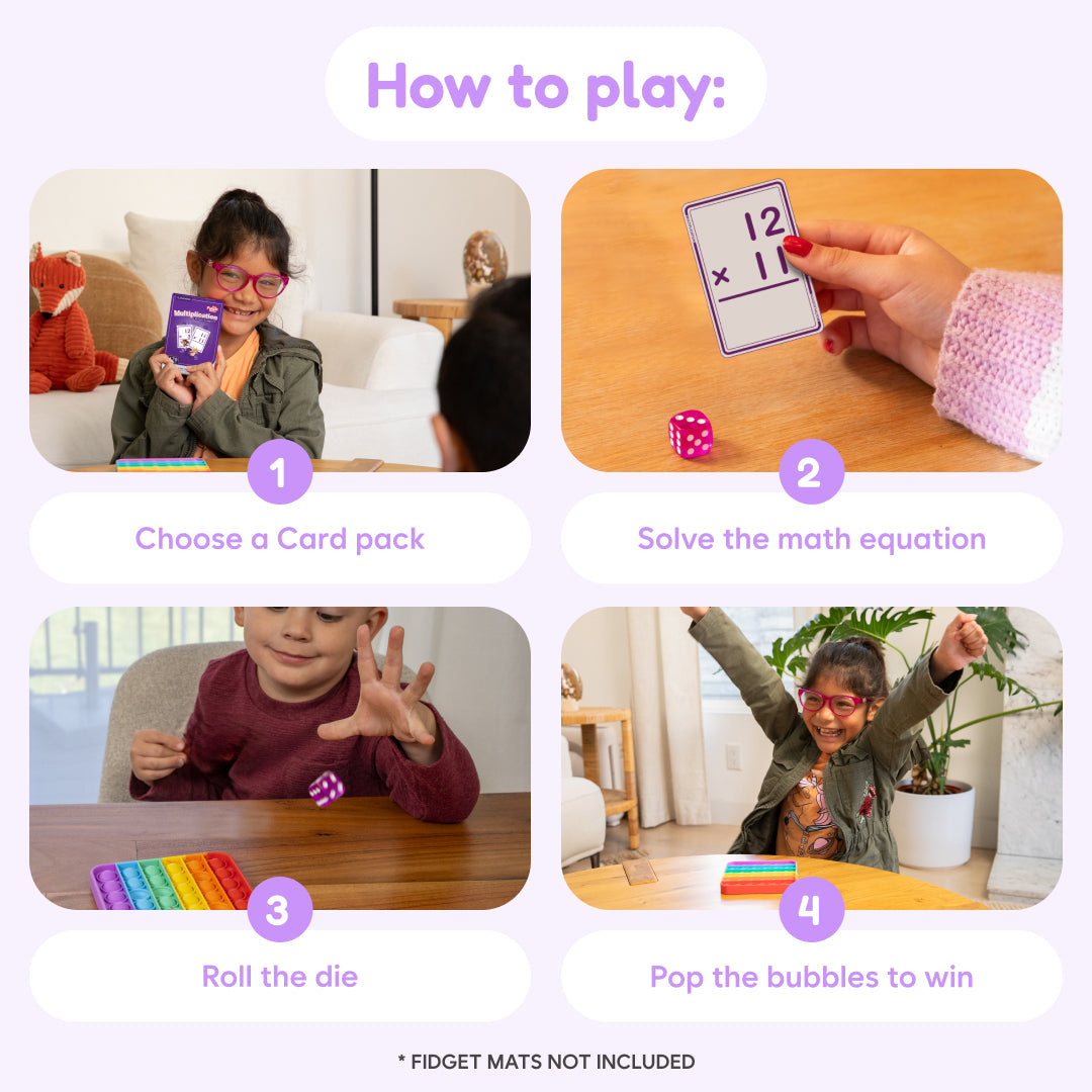 A four-step instruction graphic for the Multiplication Card Pack showing a child selecting a card, solving an equation, rolling a die, and celebrating a win.