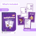 Multiplication Card Pack – CHOOSE Act Edition flash cards for grades 2–4 featuring cartoon character illustrations, including two example cards with math problems and an instruction card.