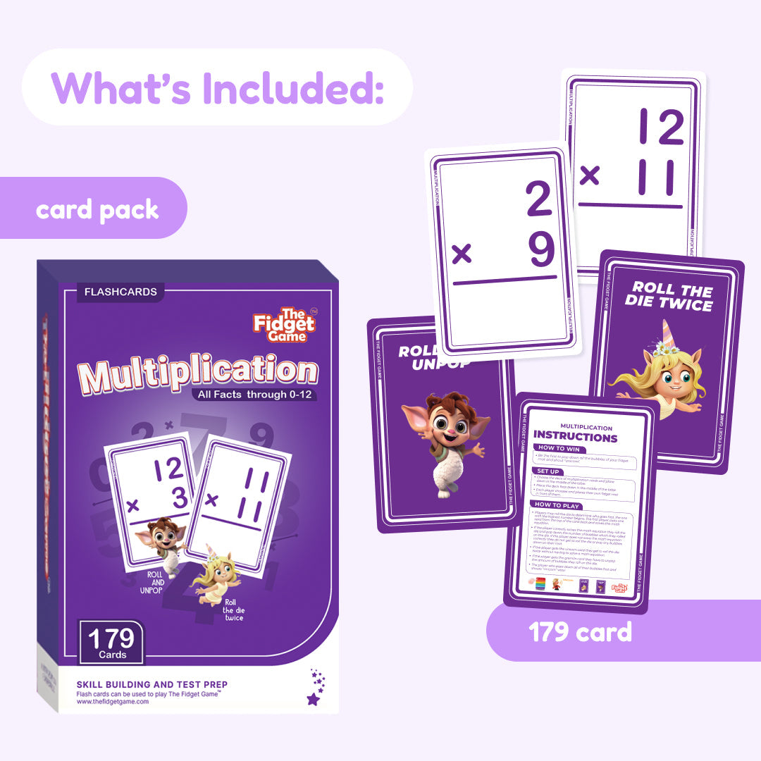 Multiplication Card Pack – CHOOSE Act Edition flash cards for grades 2–4 featuring cartoon character illustrations, including two example cards with math problems and an instruction card.