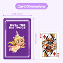 A 3.25 by 5.25 inch Multiplication Card Pack – CHOOSE Act Edition multiplication flash card next to a standard Queen of Diamonds playing card, with dimension lines indicating its size.