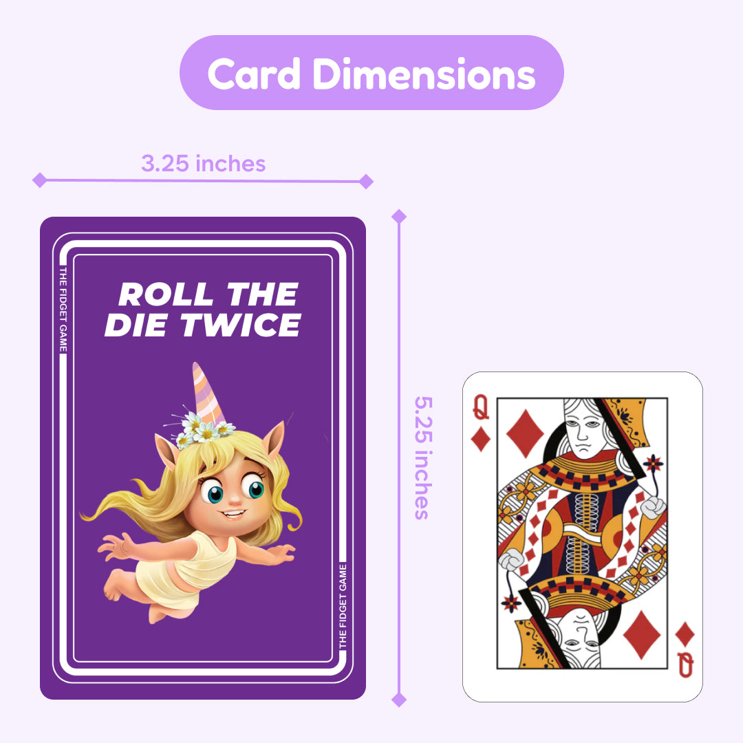 A 3.25 by 5.25 inch Multiplication Card Pack – CHOOSE Act Edition multiplication flash card next to a standard Queen of Diamonds playing card, with dimension lines indicating its size.