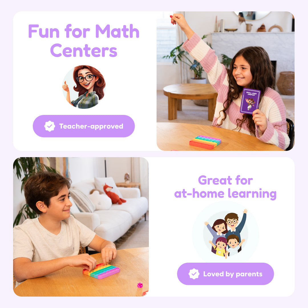 A girl holds up a Multiplication Card Pack, while a boy plays with a fidget toy, to highlight how these learning games can be used for math centers and at-home learning.