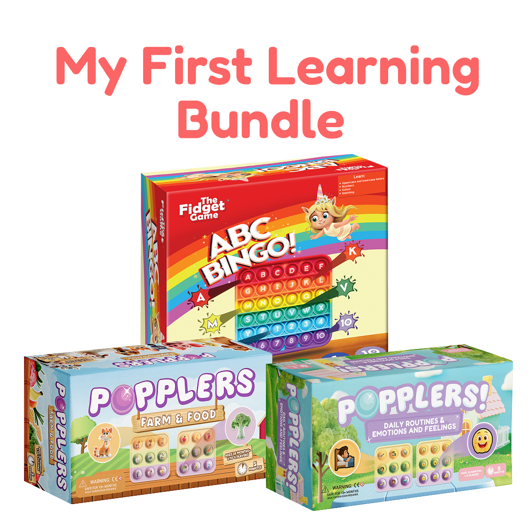 My First Learning Game Bundle, featuring ABC Bingo, Farm & Food, and Daily Routines & Emotions, each containing circular early literacy game pieces.