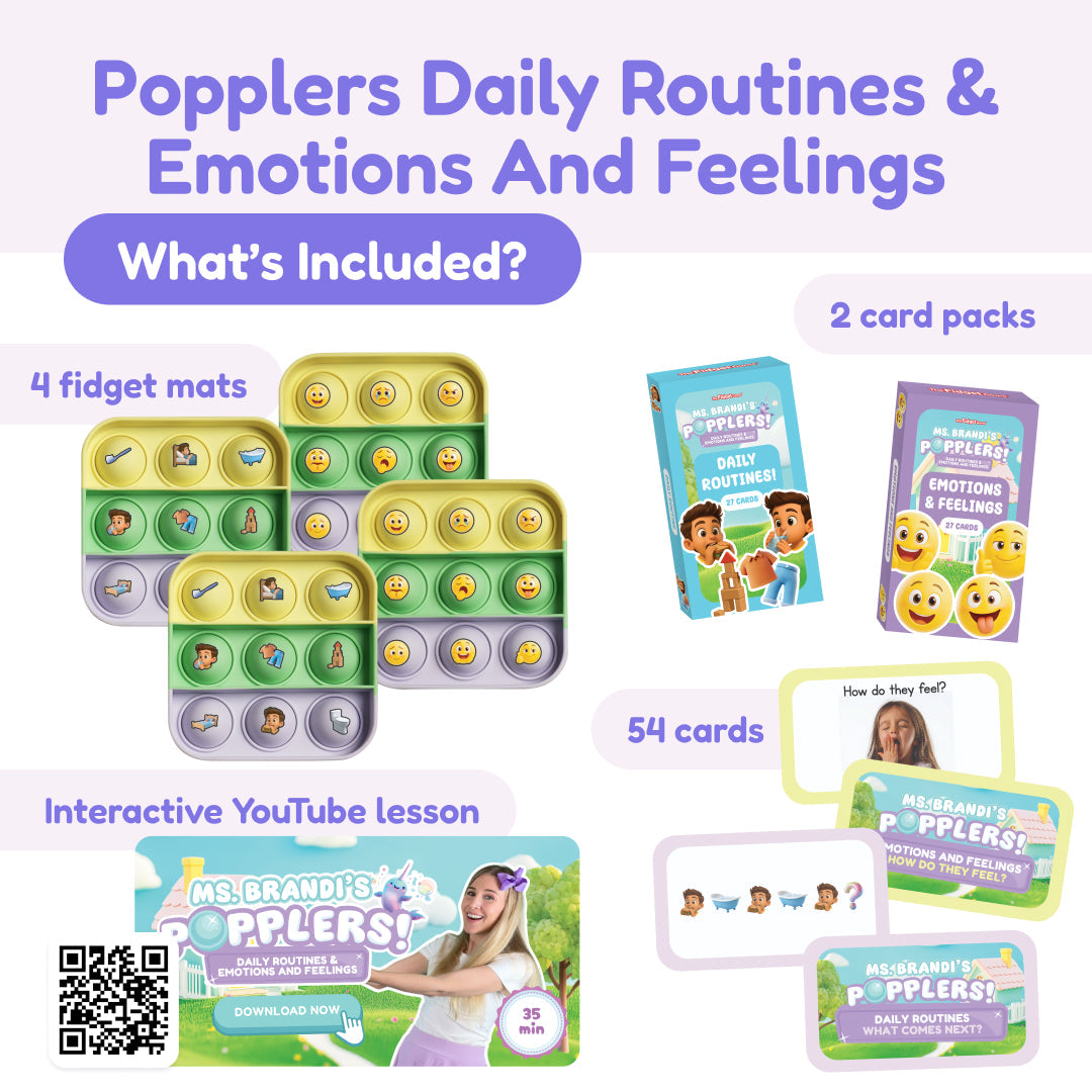 My First Learning Game Bundle featuring four silicone fidget mats, two decks of early literacy flashcards, and a video lesson accessible via a QR code.