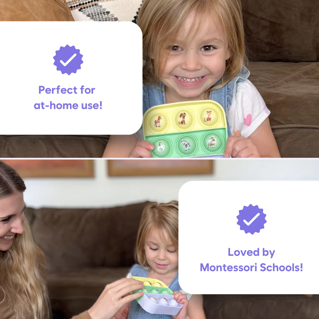 A child holds a My First Learning Game Bundle preschool fidget toy with animal images, with text overlays reading Perfect for at-home use! and Loved by Montessori Schools!.