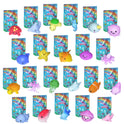 Twenty-two colorful Mystery Squishies – 22 Sea Animal Squishy Toys arranged in front of their individual mystery packaging pouches.