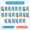 Twenty-two Mystery Squishies – 22 Sea Animal Squishy Toys arranged in three rows, each displayed in front of its individual mystery-themed packaging.