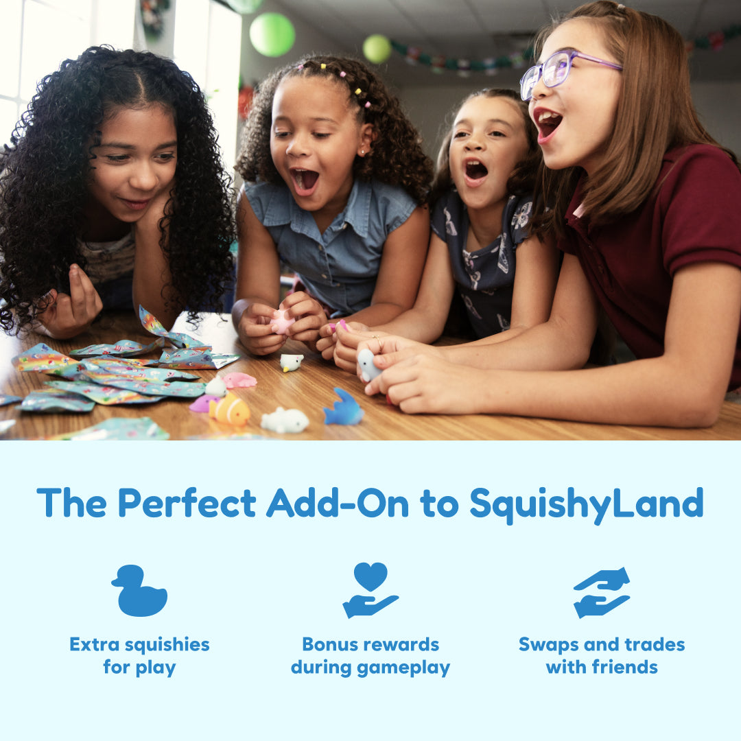 Four children sit at a table excitedly opening Mystery Squishies – 22 Sea Animal Squishy Toys, with graphic icons below illustrating the party favors being used for play, rewards, and trading.
