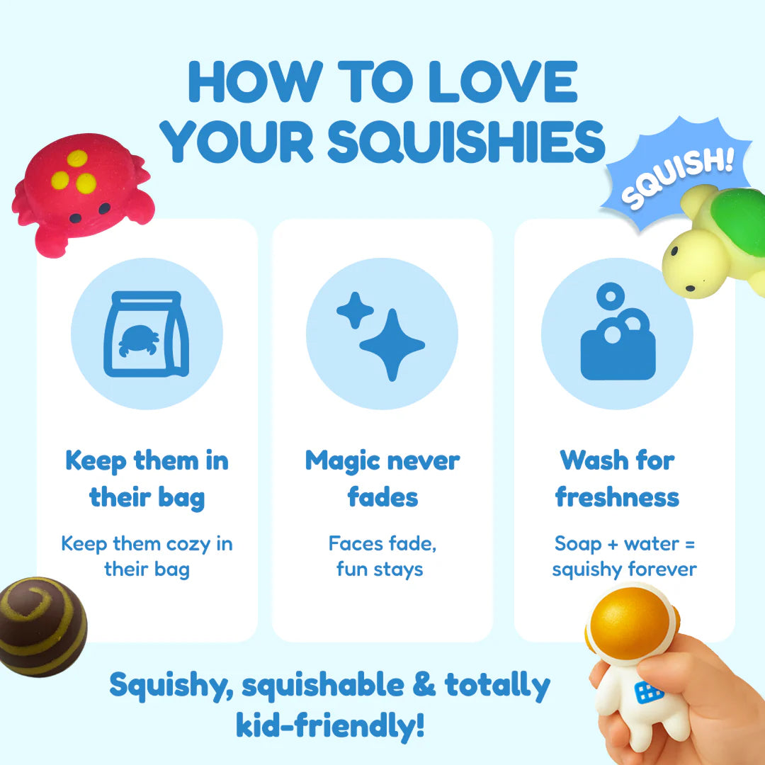 Instructional graphic titled How to love your Mystery Squishies – 22 Sea Animal Squishy Toys featuring tips on storing, maintaining, and cleaning, with illustrations of a red crab, green turtle, and white astronaut character.