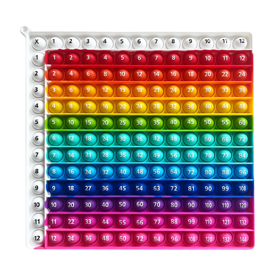 A square Multiplication & Division Fidget Mat featuring a multiplication and division table from 1 to 12, with each number printed on a rainbow-colored silicone bubble designed for math facts fidget games.