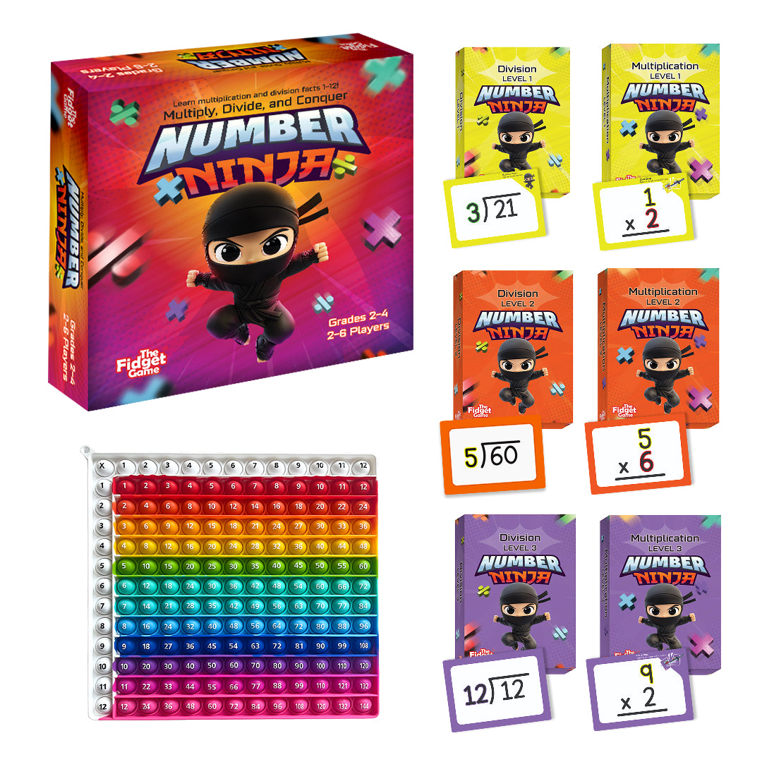 Number Ninja Multiplication & Division Game featuring a colorful grid chart of numbers 1 through 12 and multiple smaller card decks with matching practice problems.