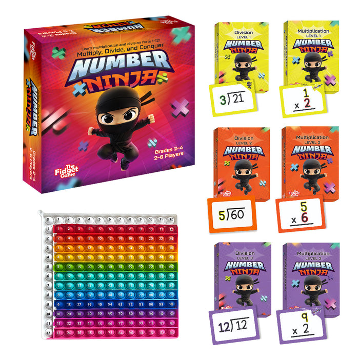 Number Ninja Multiplication & Division Game featuring a colorful grid chart of numbers 1 through 12 and multiple smaller card decks with matching practice problems.