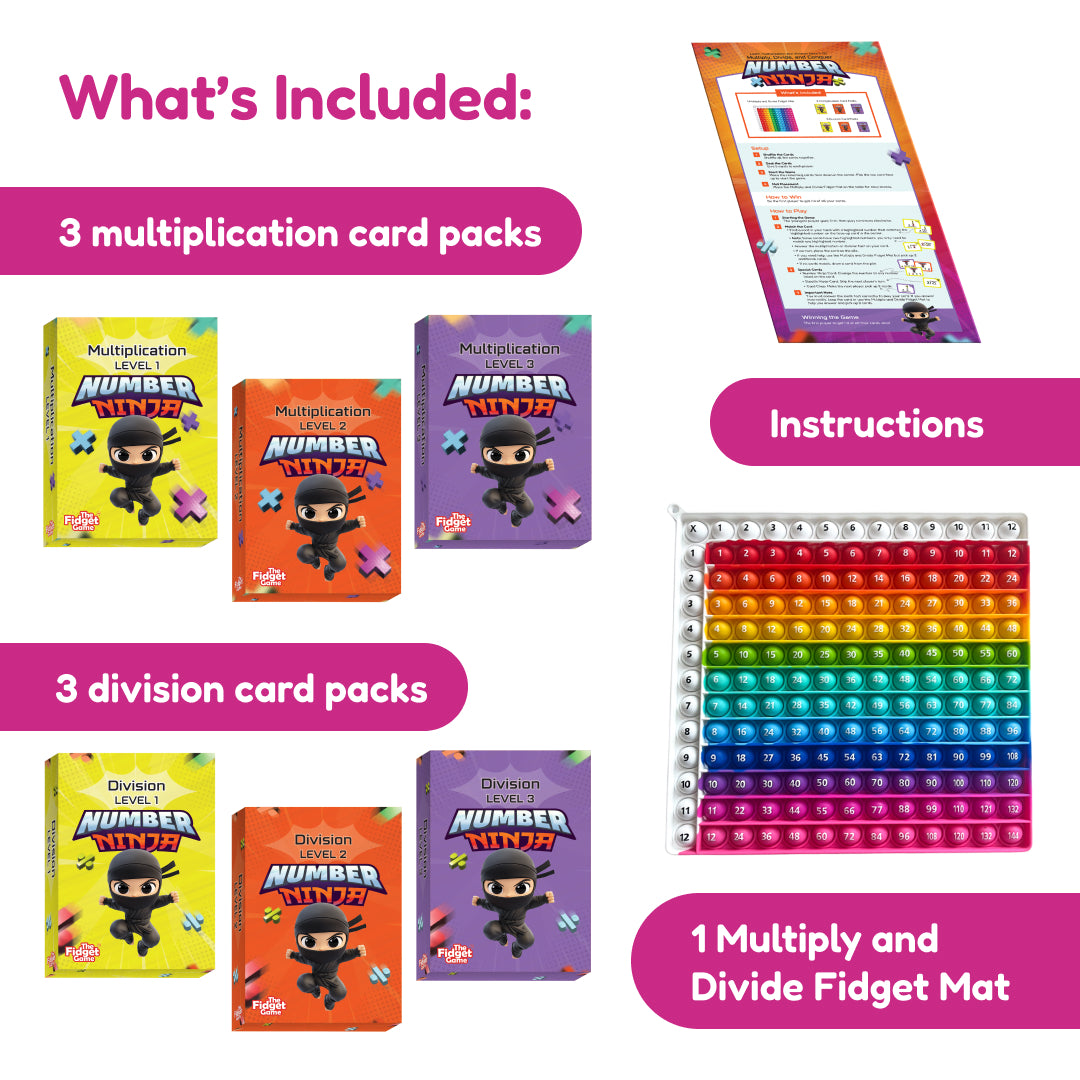 Number Ninja Multiplication & Division Game kit featuring three multiplication and three division card packs, an instruction sheet, and a 12-by-12 multiplication and division grid fidget mat for practicing math facts.