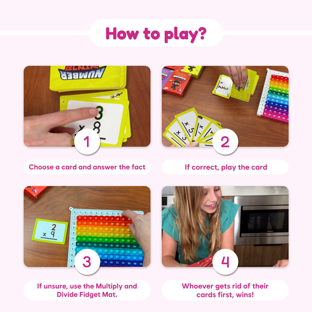 Four panels showing how to play Number Ninja Multiplication & Division Game: a hand picking a multiplication card, a hand placing a correct card on a grid, a hand using a fidget game, and a smiling girl playing.