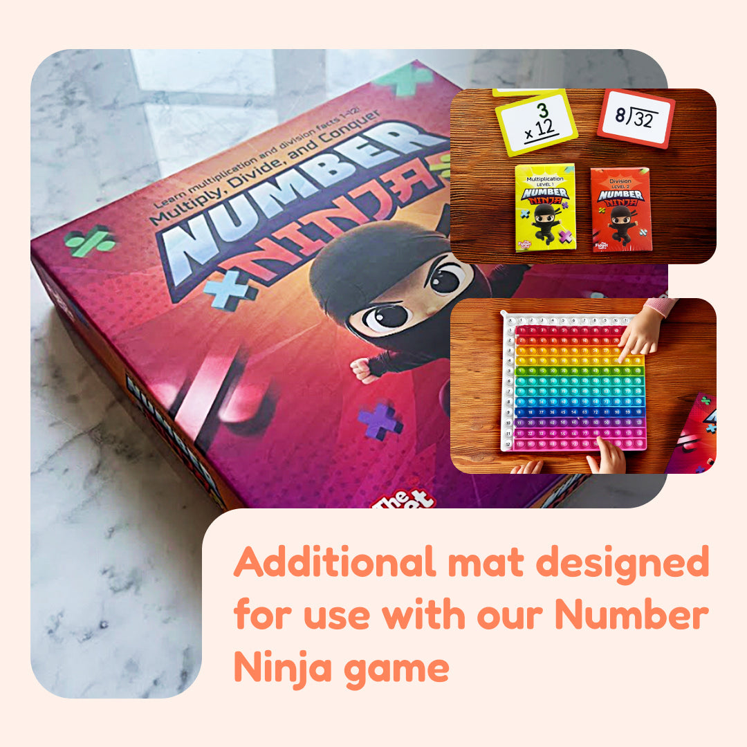 A Multiplication & Division Fidget Mat box featuring a cartoon ninja, two flashcards showing math problems, and a child using a colorful grid-patterned pop-it fidget game.