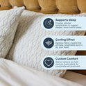 Cloud Adjustable Memory Foam Pillows, crafted with breathable bamboo fabric, rest stylishly on a bed with their white geometric pattern. Three icons highlight key features: premium softness for restful sleep, a cooling effect to enhance comfort, and customizable support with adjustable memory foam—available in a convenient set of two.