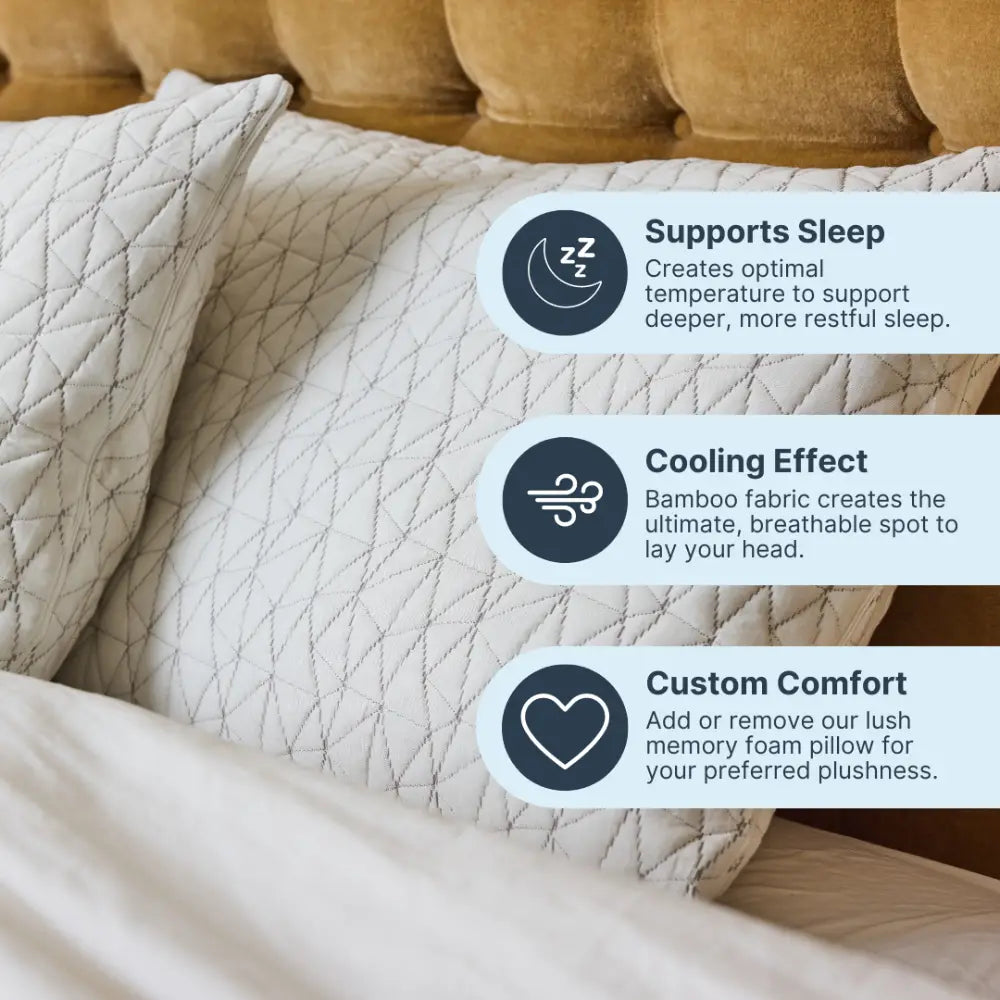 Cloud Adjustable Memory Foam Pillows, crafted with breathable bamboo fabric, rest stylishly on a bed with their white geometric pattern. Three icons highlight key features: premium softness for restful sleep, a cooling effect to enhance comfort, and customizable support with adjustable memory foam—available in a convenient set of two.