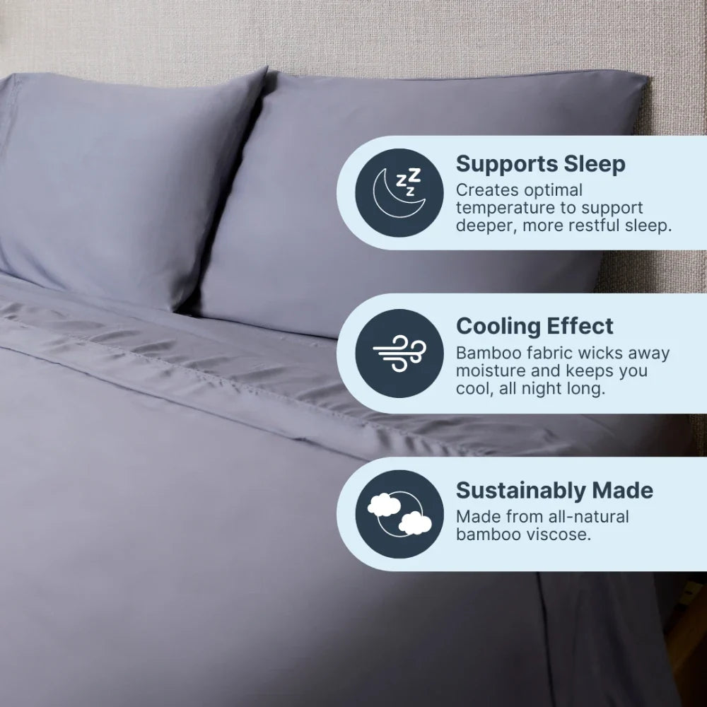 Forever Chill Bamboo Sheets in gray are neatly arranged on a bed with two pillows, accompanied by three icons and text showcasing their benefits: support for restful sleep, a cooling effect, and sustainable construction from all-natural organic bamboo viscose.