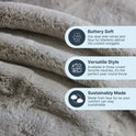A close-up of the Snuggle Luxe Blanket, a grey faux fur throw featuring icons that showcase its buttery soft feel, versatile neutral style, and eco-friendly materials.
