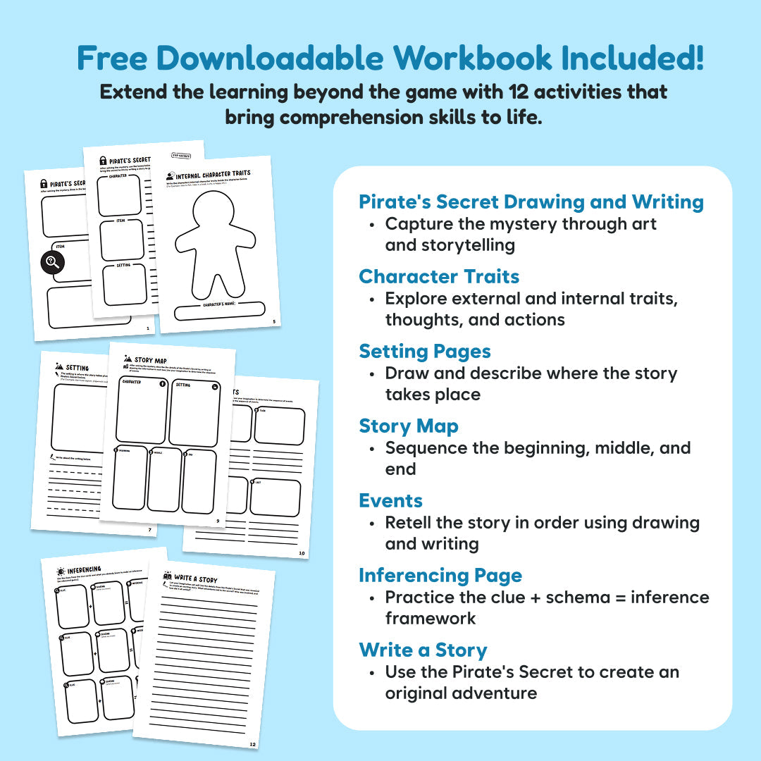 Promotional graphic for the Pirate Island Story Comprehension Game, a downloadable workbook featuring story skills exercises including drawing, character traits, story mapping, and inferencing, with a list of games to build literacy abilities.