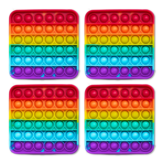Four 4 Extra Rainbow Fidget Mats, each square and made of silicone with rows of bubbles for stress-relief.