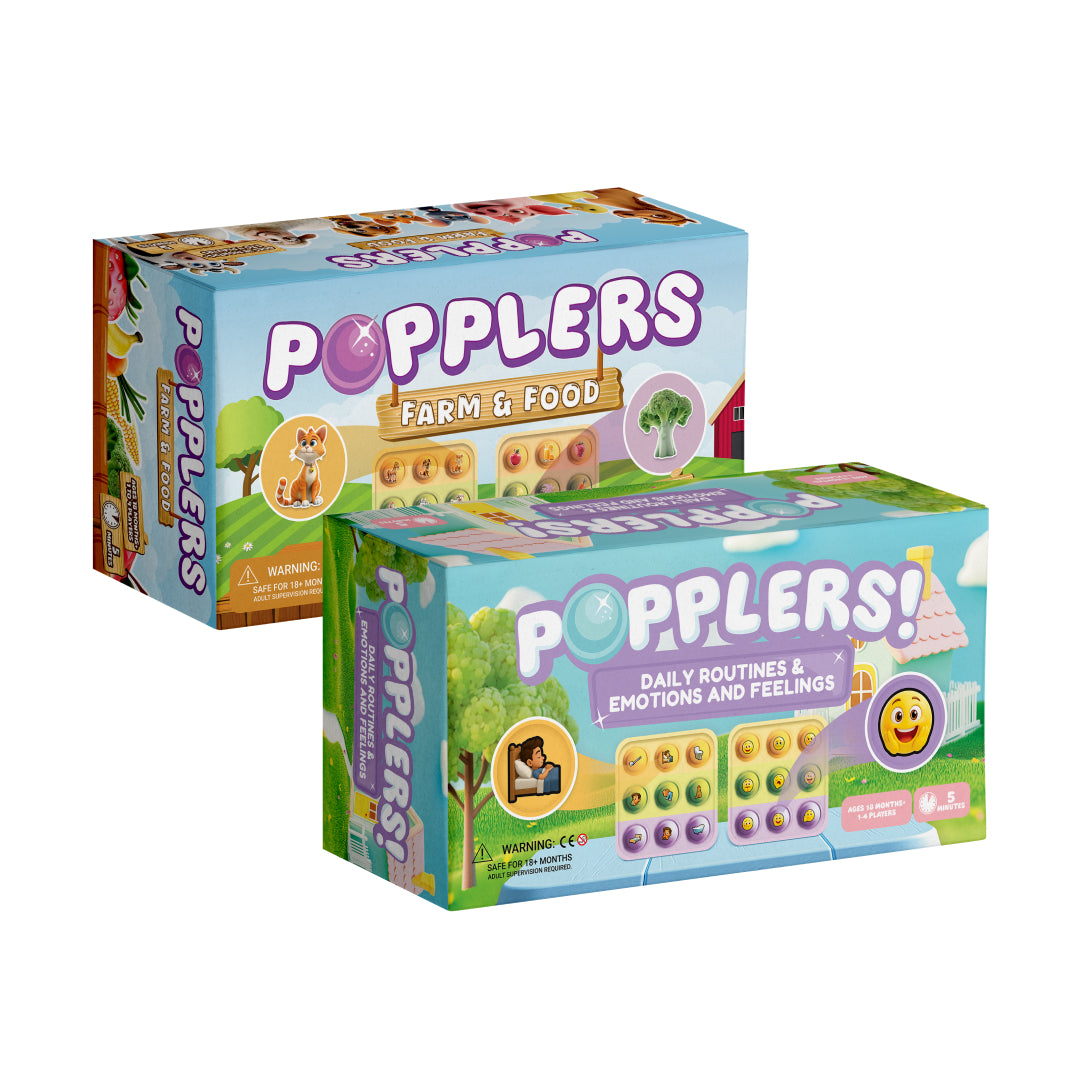Popplers 1 + 2 Toddler Game Bundle features two colorful game boxes, Farm & Food and Daily Routines & Emotions and Feelings, with game boards and icons designed to build early vocabulary and fine motor skills.