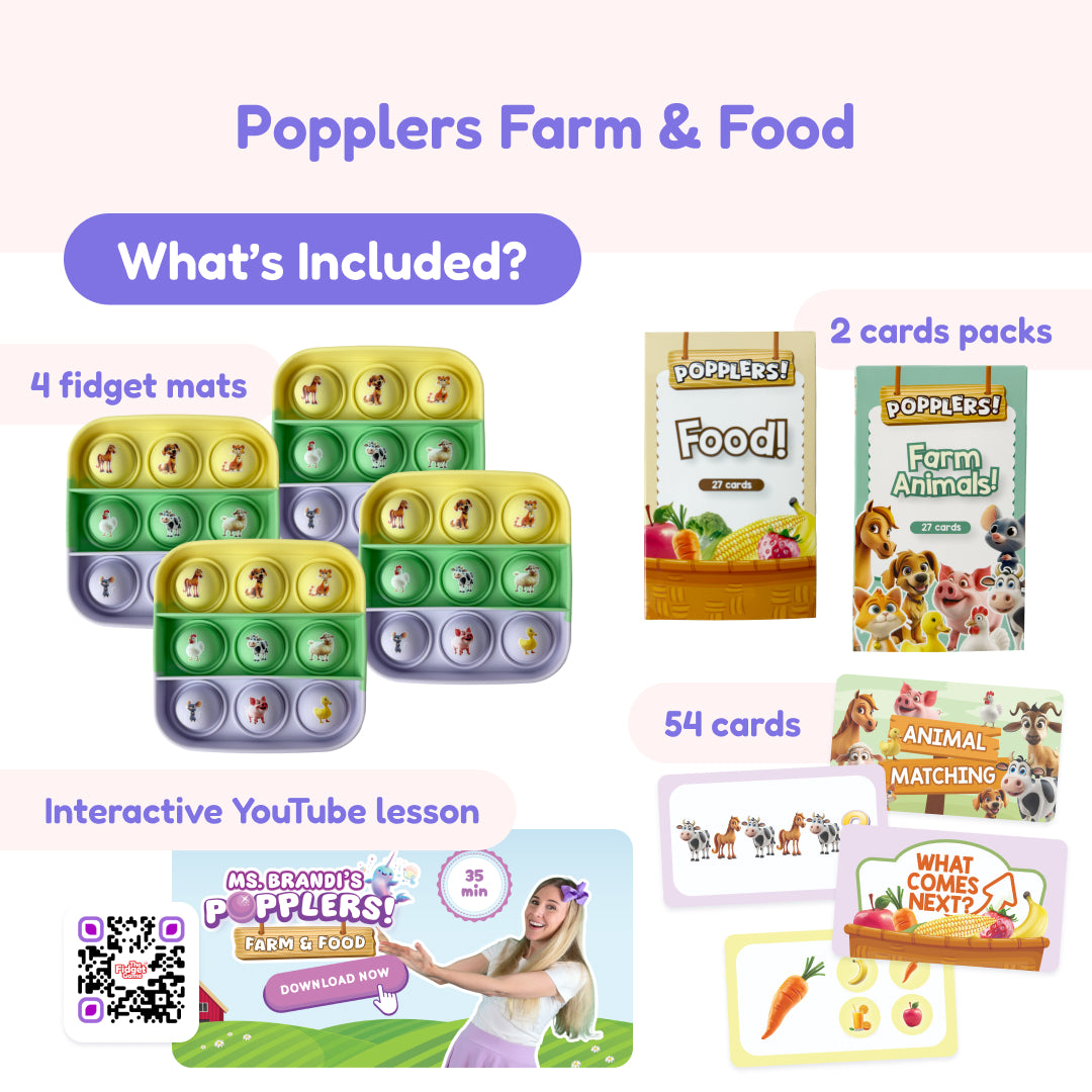Popplers 1 + 2 Toddler Game Bundle featuring four silicone fidget mats, two card decks, 54 animal matching and pattern activity cards, and a QR code for an interactive lesson video to build early vocabulary and fine motor skills.