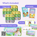 Popplers: Daily Routines & Feelings Toddler Game featuring four square fidget mats with routine and emotion icons, two boxes of activity cards, and a QR code linking to an interactive fine motor skills video lesson.