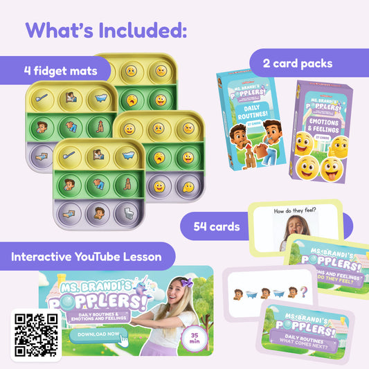 Popplers: Daily Routines & Feelings Toddler Game featuring four square fidget mats with routine and emotion icons, two boxes of activity cards, and a QR code linking to an interactive fine motor skills video lesson.