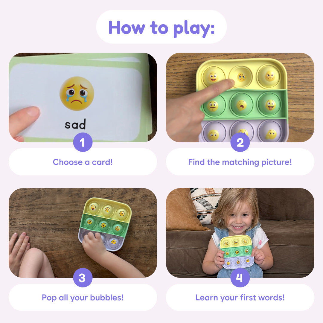 A four-step instructional graphic for Popplers: Daily Routines & Feelings Toddler Game showing a child practicing emotion recognition by playing a matching game with a sensory bubble toy and emotion cards.