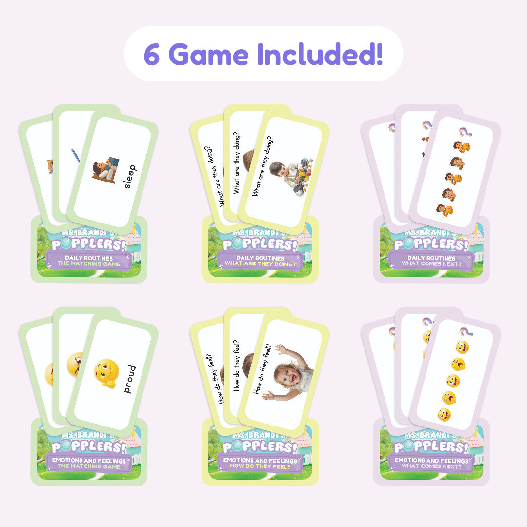 Six sets of Popplers: Daily Routines & Feelings Toddler Game cards in holders, featuring matching, action-based, and sequencing activities related to daily routines and emotion recognition.