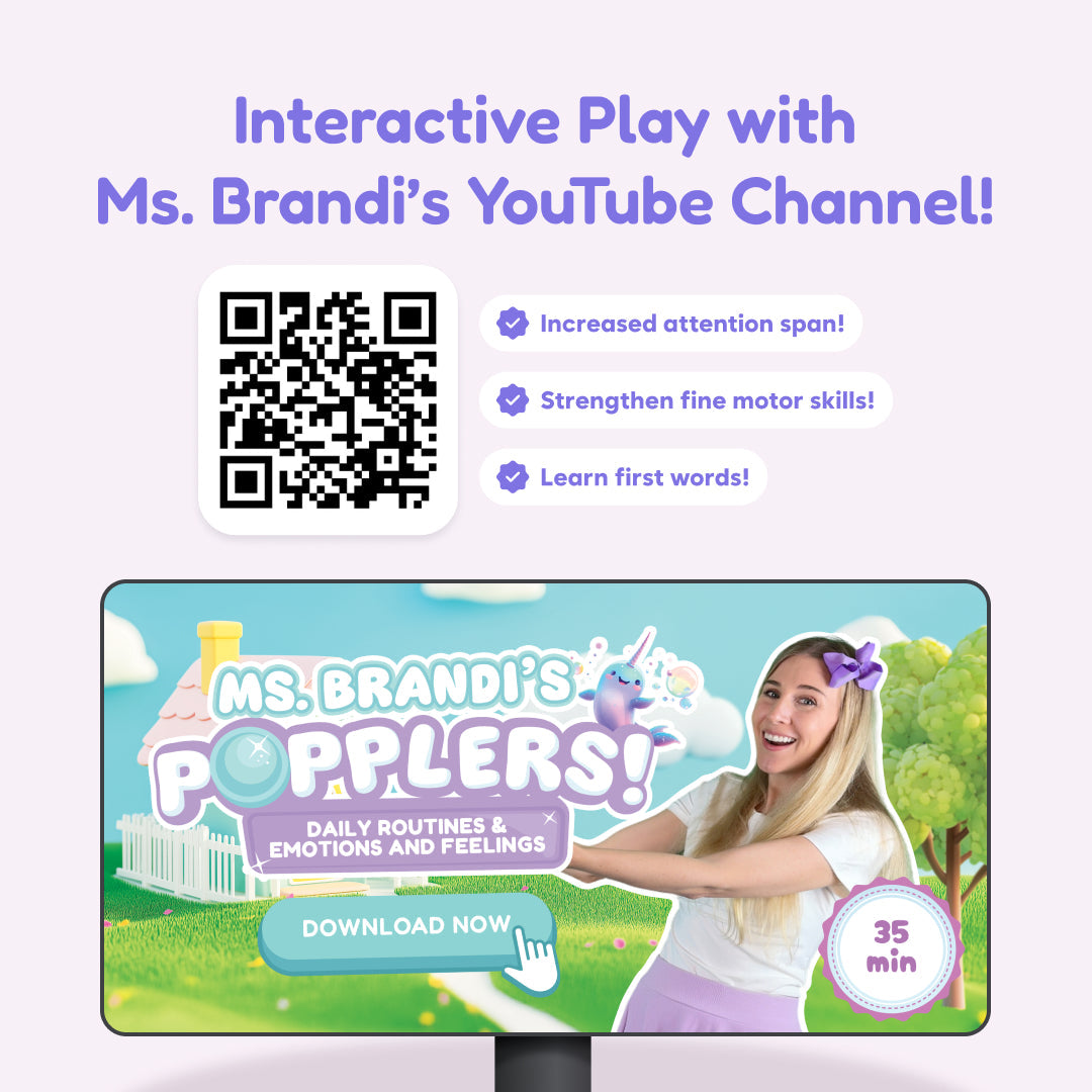 A screen displays a video of a woman pointing to the Popplers: Daily Routines & Feelings Toddler Game title next to a QR code highlighting benefits like increased attention span, fine motor skills, and learning words.