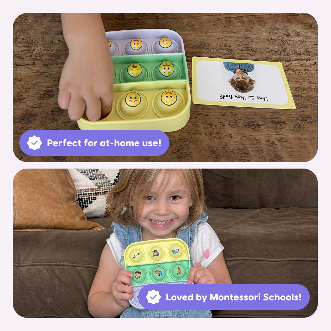 Two children use Popplers: Daily Routines & Feelings Toddler Game, with one pressing a button on a multi-colored emoji tray next to a feelings card, while the other holds a tray featuring daily routine icons for emotion recognition.