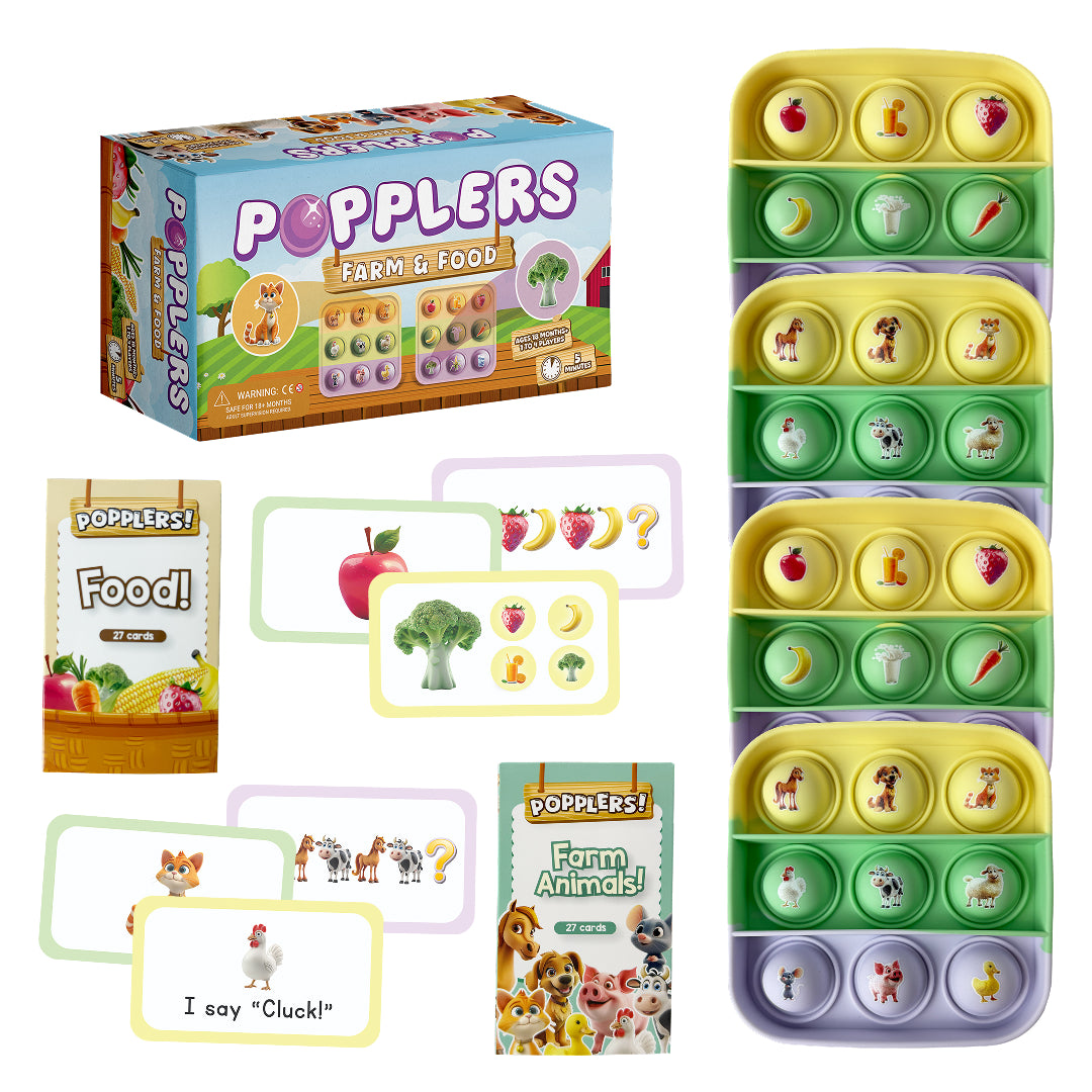 Popplers Farm & Food Toddler Fidget Game set featuring four silicone bubble-popping boards, two decks of farm animal-themed cards, and a cardboard storage box for building toddler fine motor skills.