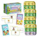 Popplers: Daily Routines & Feelings toddler game set, featuring a box, two decks of emotion and daily routine flashcards, and three colorful silicone popper trays with matching icons to support fine motor skills.