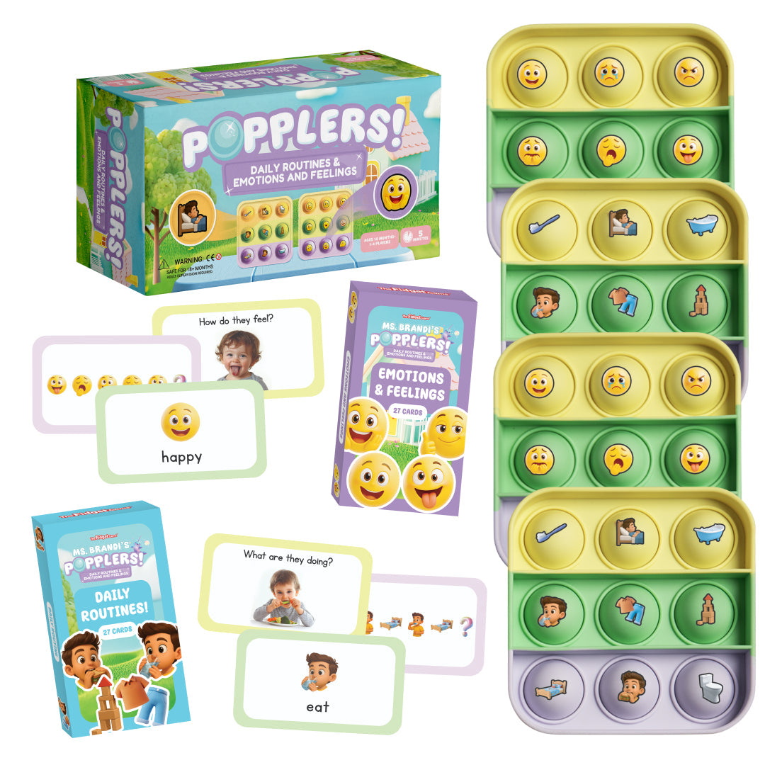Popplers: Daily Routines & Feelings toddler game set, featuring a box, two decks of emotion and daily routine flashcards, and three colorful silicone popper trays with matching icons to support fine motor skills.