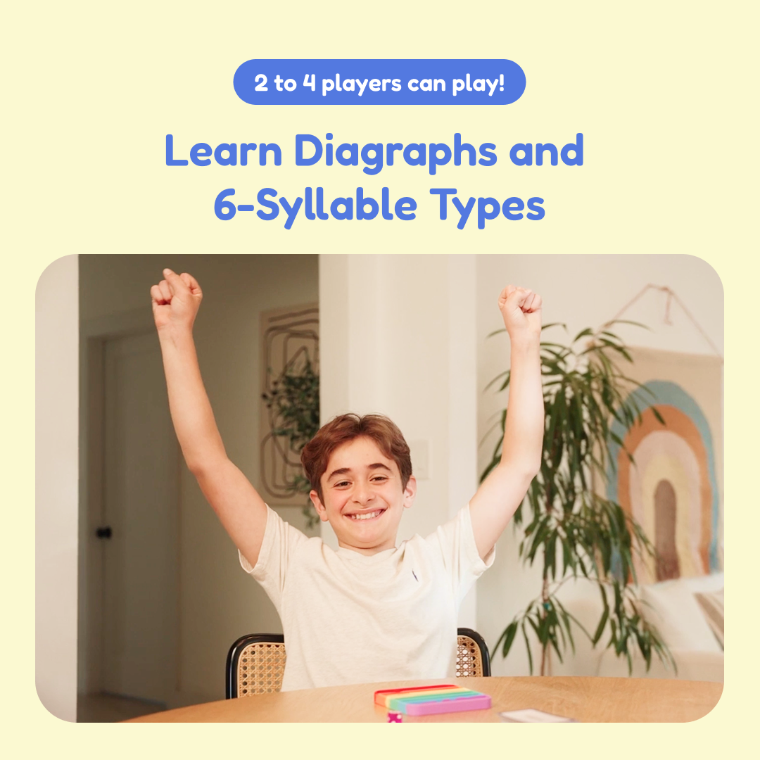A smiling child sits at a table with their arms raised in celebration above The Reading Digraphs Game, a fidget learning game for 2 to 4 players to practice digraphs and 6-syllable types.