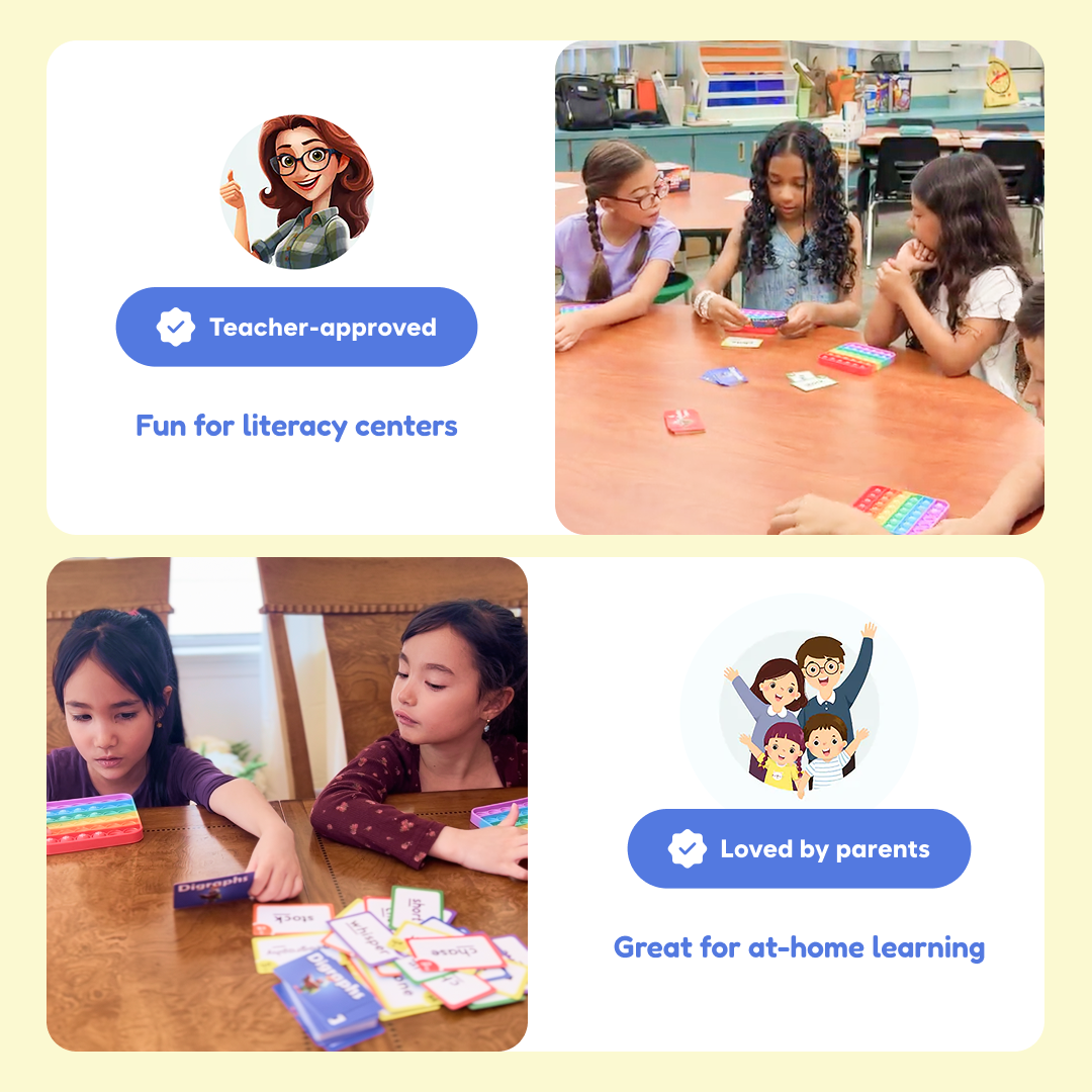 Two images of children playing with The Reading Digraphs Game cards and sensory fidget toys, featuring illustrations of a teacher and a family with text labels Teacher-approved and Loved by parents.