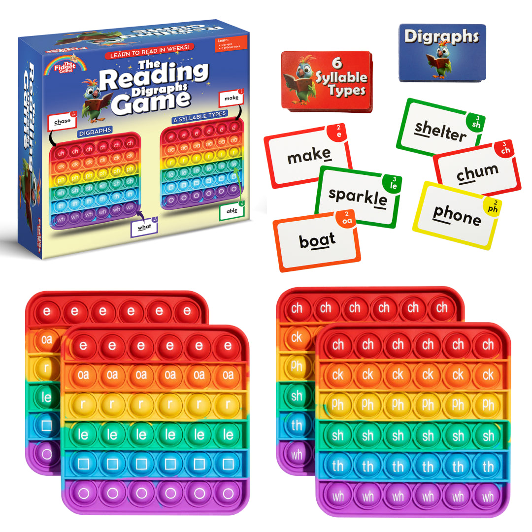 The Reading Digraphs Game includes a colorful, letter-labeled fidget toy, two additional lettered fidget pads, and flashcards for building reading confidence.