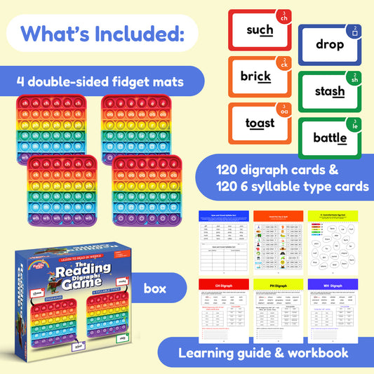 The Reading Digraphs Game includes four colorful silicone fidget learning games with printed digraphs, a stack of word cards, a learning guide, a workbook, and the game box.