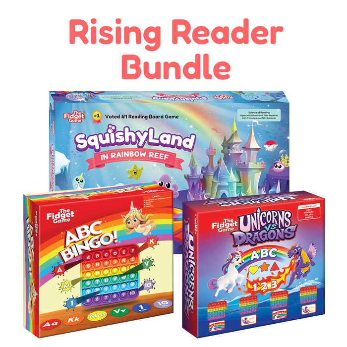Rising Reader Game Bundle featuring three educational board game boxes: phonics-based alphabet bingo, a rainbow reef game, and a unicorn versus dragon set.