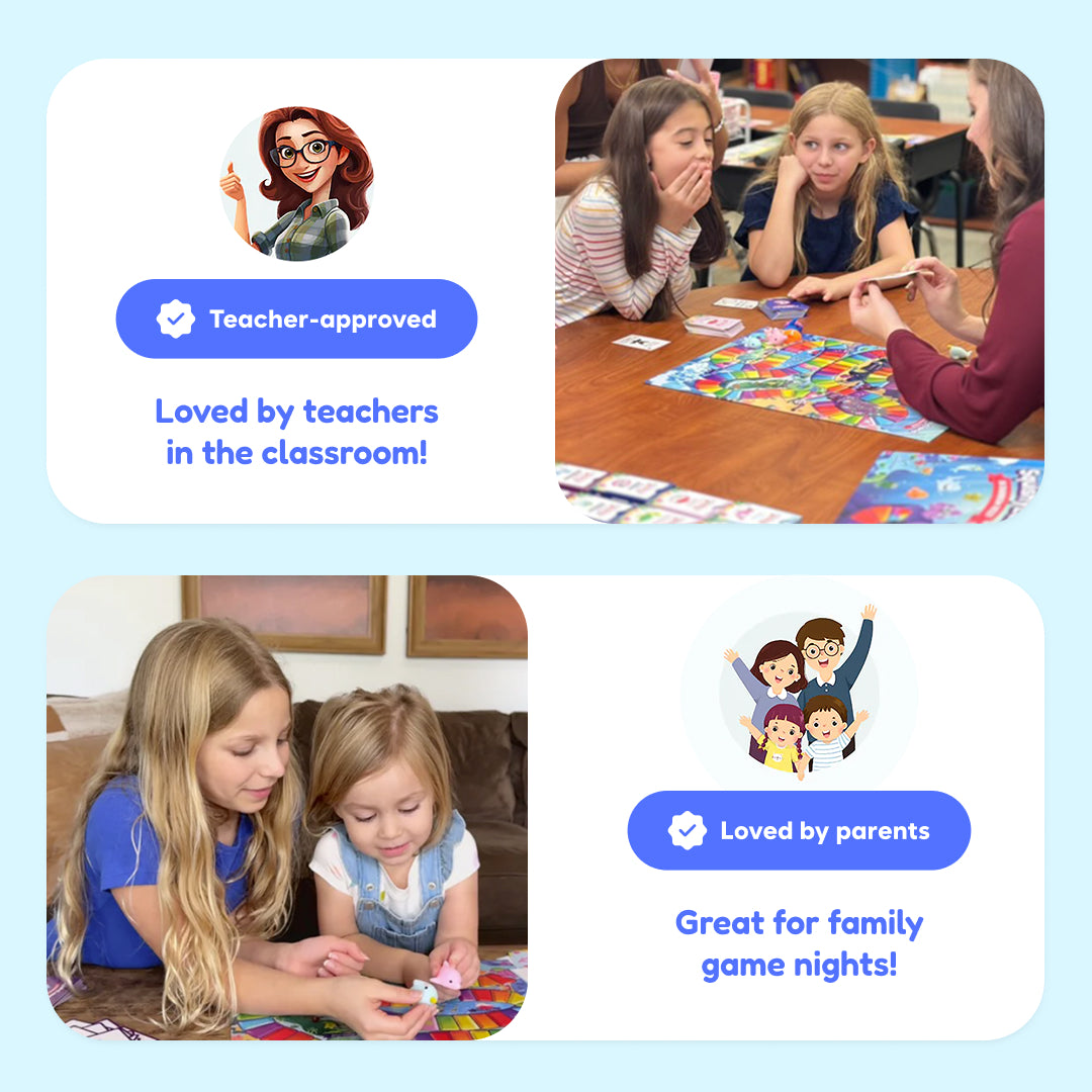 A two-part graphic of the Rising Reader Game Bundle showing a teacher playing phonics games with two students at the top and two children using fidget mats together at the bottom, marked as teacher-approved and loved for family game nights.