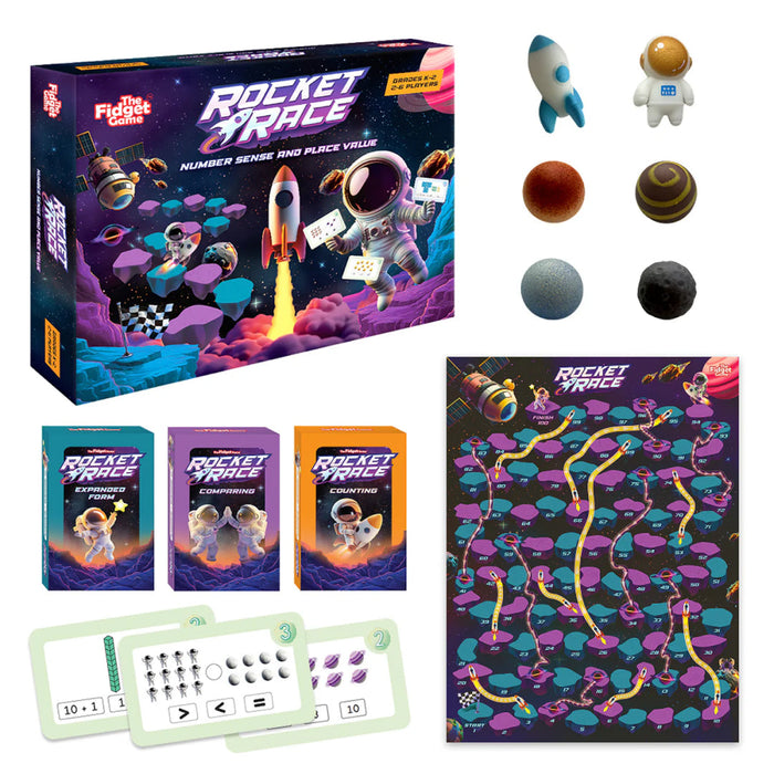 Rocket Race Place Value Game set including a game box, three smaller card game boxes, a numbered race track, four planetary tokens, a rocket, an astronaut, and three educational place value cards for early elementary learning.